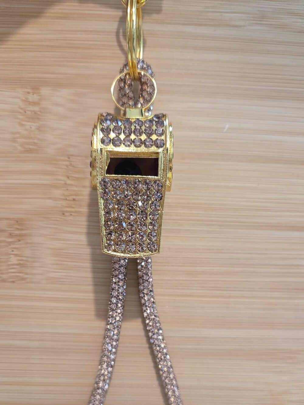 Bling Crystal Rhinestone Safety Whistle Keychain Rose Gold Mesh Strap Charm
